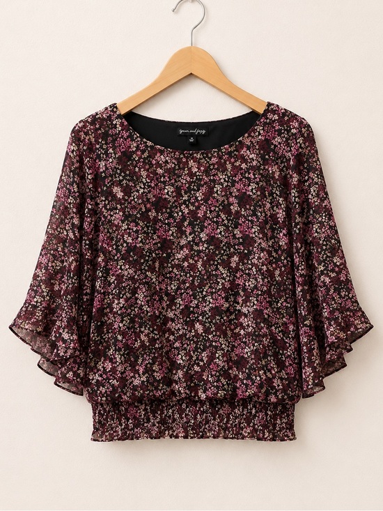 Sam And Jess Tops - Sam And Jess Ditzy Floral Smock Trim Round Neck Ruffle Sleeve Peplum Blouse